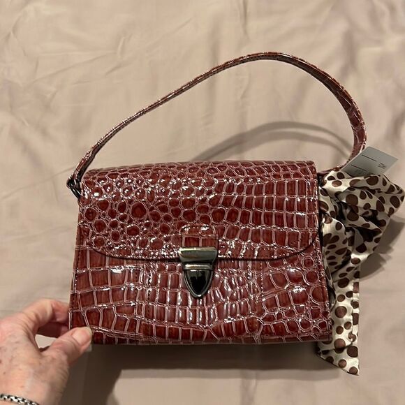 NWT Comely brown faux alligator handbag polka dot scarf that matches the lining - Picture 2 of 11